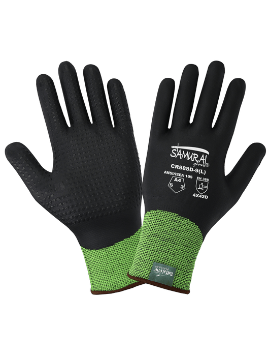 Samurai Glove® 18g  Hi-Vis Lime Cut Resistant, Black Foam Nitrile Fully Coated w/ Nitrile Dots, ANSI/ISEA 105 Cut Level A4