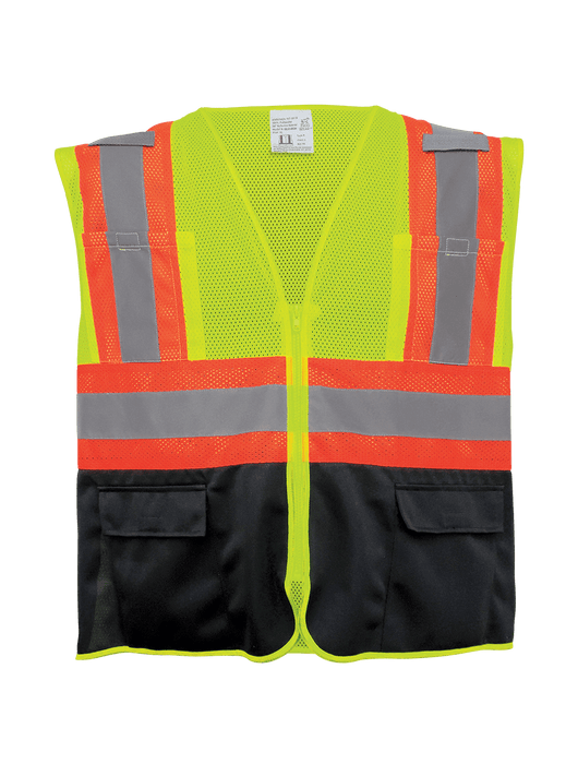 FrogWear Cl. 2 Hi-Vis Lime Mesh Polyester Surveyors Safety Vest, Black Bottom Front, Contrasting Reflective