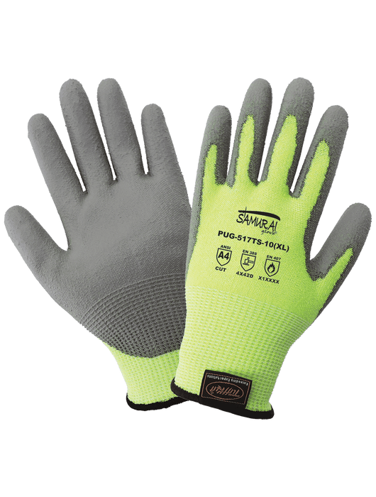 Samurai Glove® - Hi-Vis Lime TuffKut® Liner, 3 Touchscreen Fingertips, Gray Polyurethane Dipped Palm, ANSI Cut Level A4
