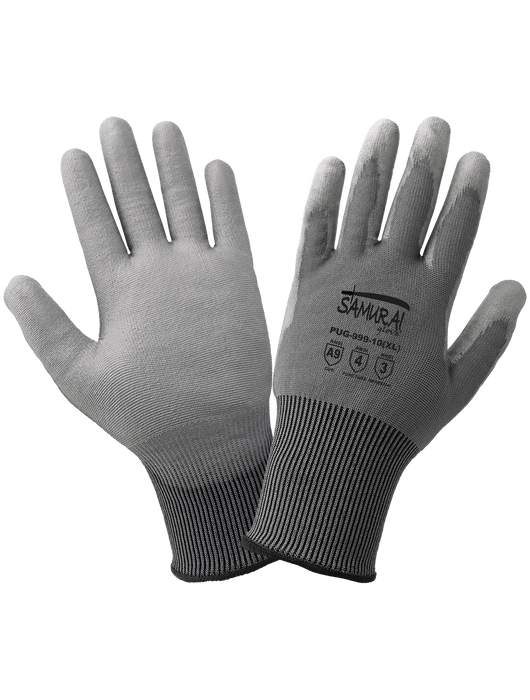 Samurai Glove®- Cut Resistant Gloves, 18-Gauge, Gray Seamless Tuffalene® UHMWPE Shell, Gray Smooth Polyurethane-Coated Palm, Knit Wrist, ANSI Cut Level A9