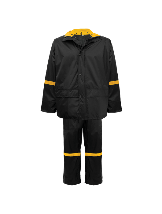 3-in-1 Premium Rain Suit, 0.18mm 190T Nylon/PVC, Includes Pants, Jacket & Detachable Hood, Yellow Trim, Mesh Interior (Jacket & Hood)