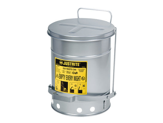 Justrite Oily Waste Can, 6-Gallon, Foot-Operated Self-Closing SoundGard™ Cover