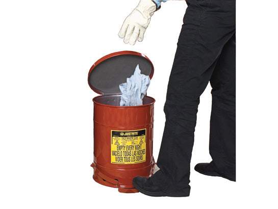 Justrite Oily Waste Can, 6-Gallon, Foot-Operated Self-Closing SoundGard™ Cover