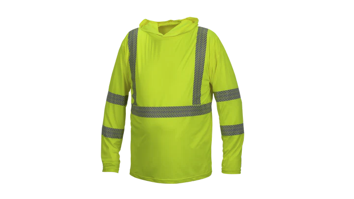 Class 3 Hi-Vis Lightweight Moisture Wicking Hoodie, 2" Heat-Sealed Silver Reflective Segmented Striping, Cell Phone Pocket, Rated UPF 50+