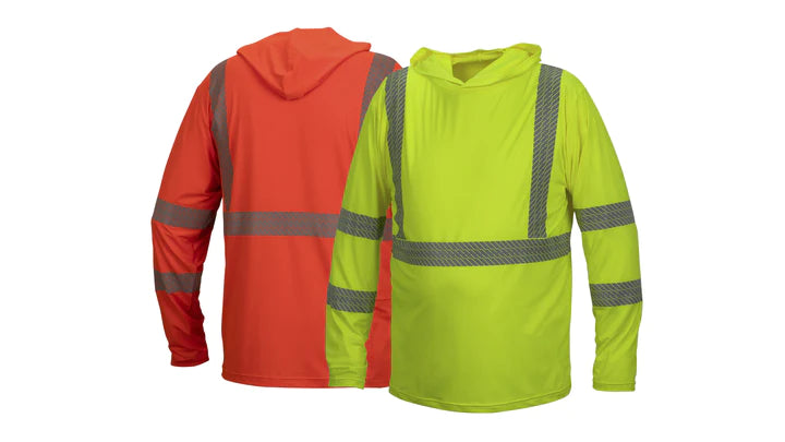Class 3 Hi-Vis Lightweight Moisture Wicking Hoodie, 2" Heat-Sealed Silver Reflective Segmented Striping, Cell Phone Pocket, Rated UPF 50+
