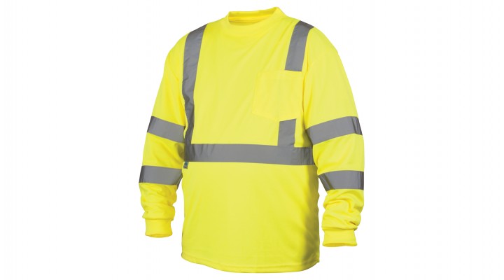 Class 3 Hi-Vis Lime Lightweight Polyester Moisture Wicking Long Sleeve T-Shirt, Chest pocket, Rated UPF 30+