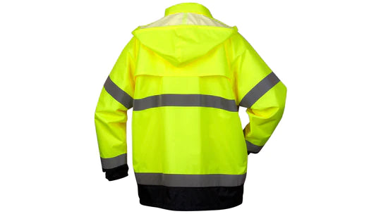 ANSI Class 3 Hi-Vis Lime Breathable Polyester w/ Polyurethane Coating Rain Jacket, 2" Silver Reflective