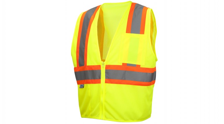 ANSI Class 2 Hi-Vis Safety Vest, 2-Pockets, Zipper, Reflective material + contrasting color trim