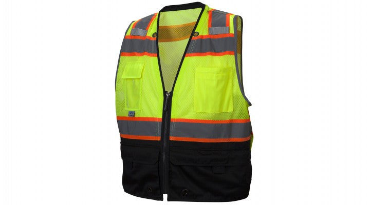 Class 2 Hi-Vis Safety Vest with Black Bottom, 8-Pockets, Zipper