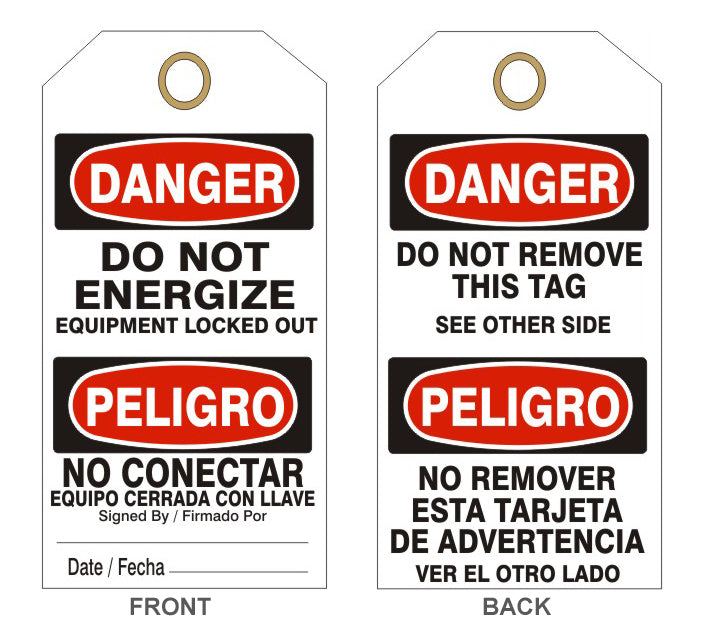 6" x 3" Danger Do Not Energize Equipment Locked Out - Bilingual