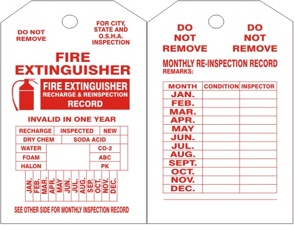 6" x 3" Fire Extinguisher, Recharge & Reinspection Tags