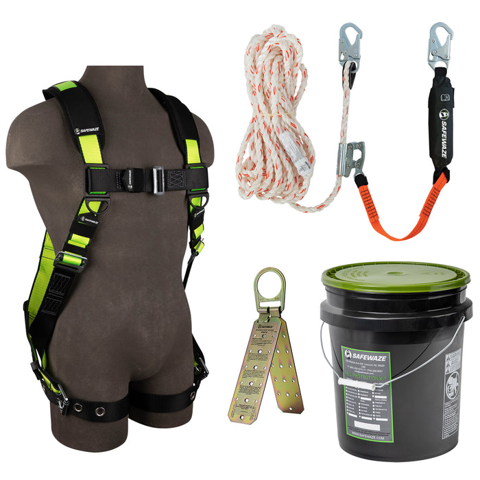 PRO Bucket Roof Kit - PRO No-Tangle Single D-Ring Harness w/ Grommet Leg Straps, V-Line 50' Vertical Lifeline Assembly w/Snap Hook, Rope Grab, EA Lanyard, Reusable Roof Anchor in a Bucket