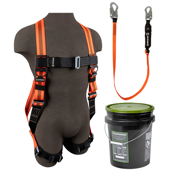 V-Line Bucket Combo - Single D-Ring Harness w/ Pass through Leg Buckles, Vline 6' Energy Absorbing Lanyard w/ Double Locking Snap Hooks, Plastic Bucket with Lid