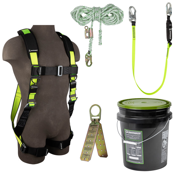 PRO Bucket Roof Kit - PRO No-Tangle Single D-Ring Harness w/ Pass through Leg Buckles, 50' Premium 5/8" Rope Lifeline w/ Snap Hook & Rope Grab, 6' Energy Absorbing Lanyard w/ Double Locking Snap Hooks, Reusable Roof Anchor in a Bucket