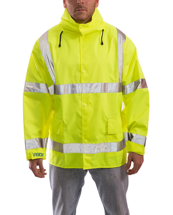 Vision Jacket Hi-Vis Lime Class 3 Jacket, Storm Fly Front, Hook & Loop Take-Up Straps, Hood in Collar