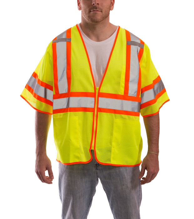 Job Sight Class 3 Hi-Vis Lime Mesh Vest, Two-Tone Reflective, Zipper