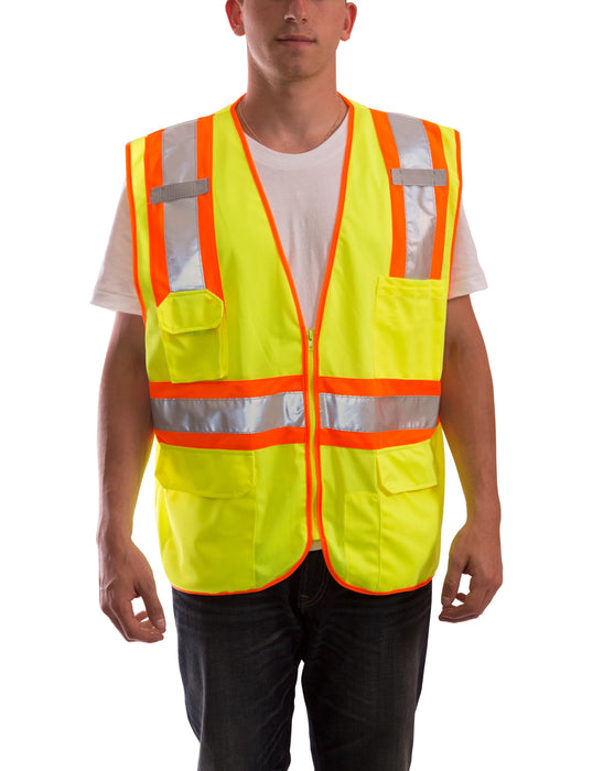 Job Sight Class 2 Hi-Vis Lime Mesh Vest, Two-Tone Reflective, Zipper